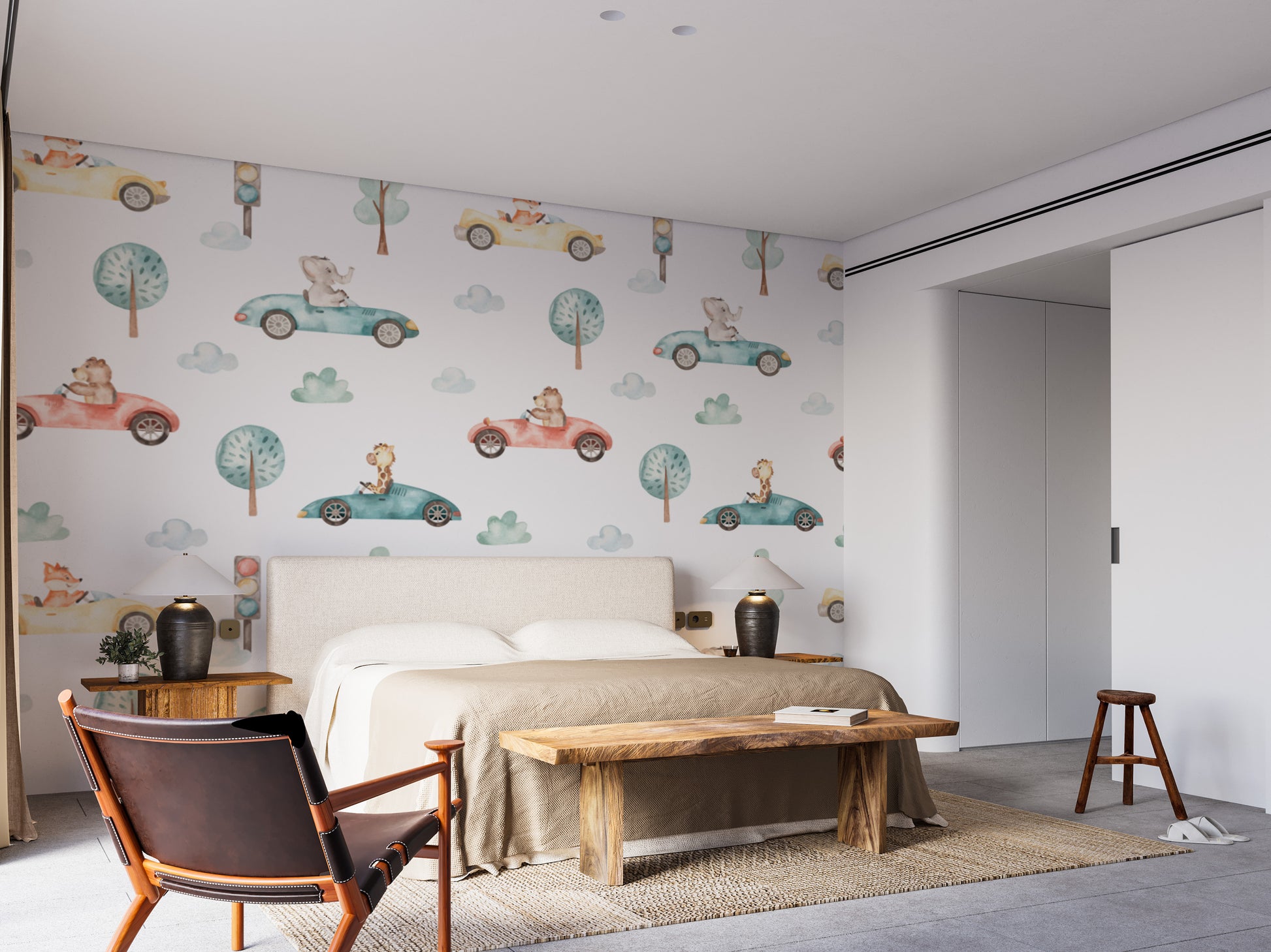 Whimsical animal racers wallpaper for kids' room decor
