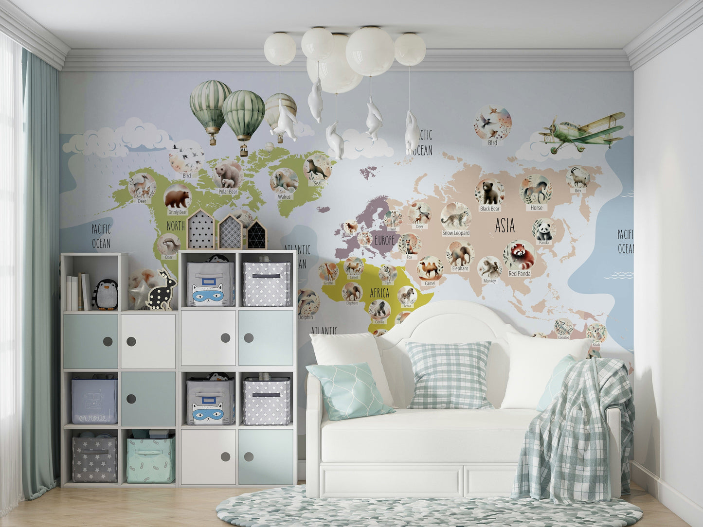Whimsical Animal World Map kids room decor wallpaper