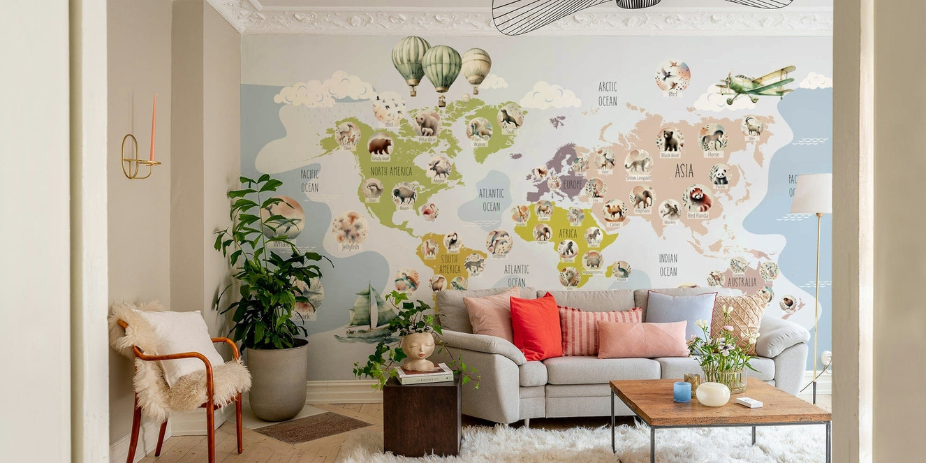 Whimsical Animal World Map kids decor