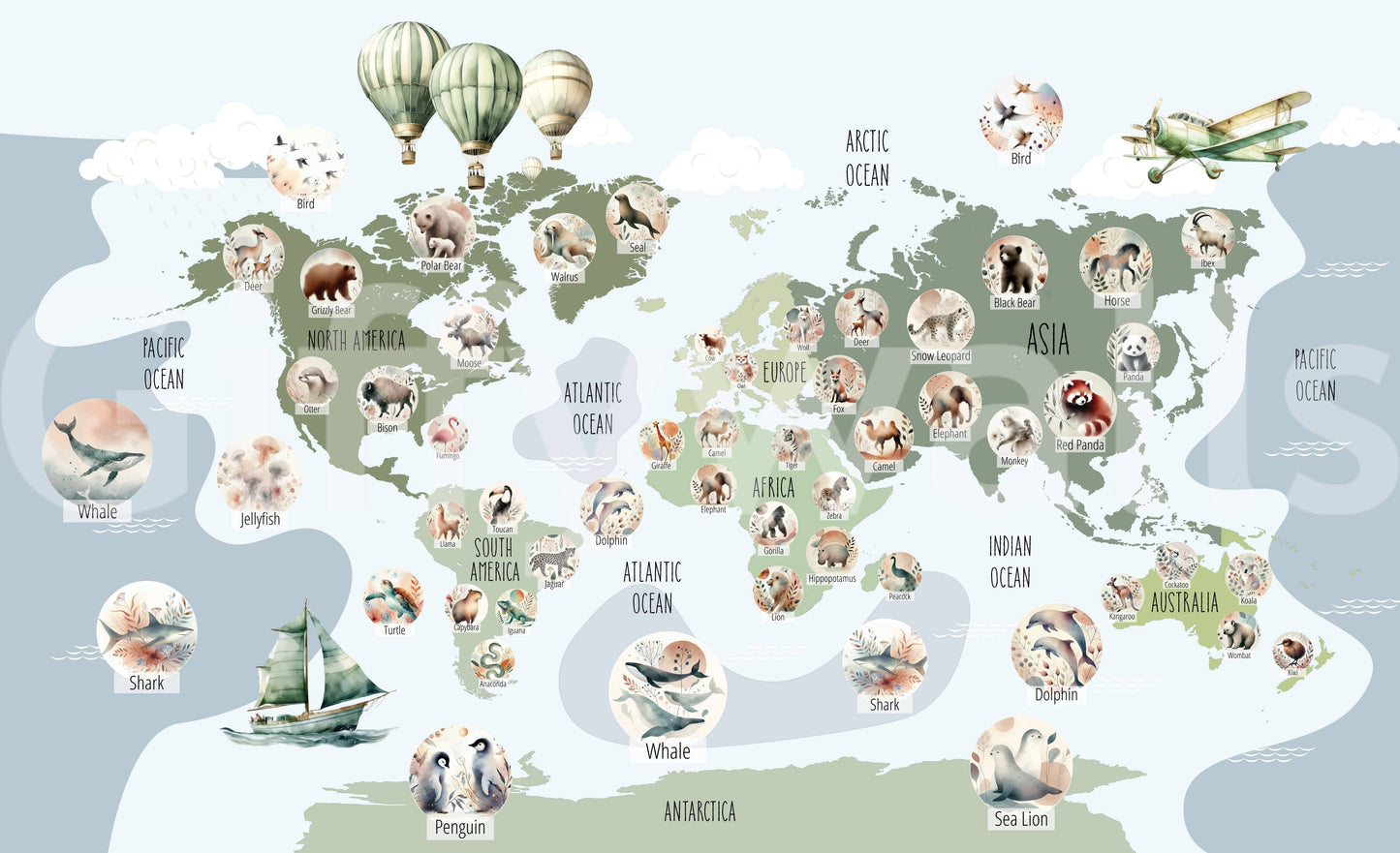 A stylish adventure map wall mural with animals.

