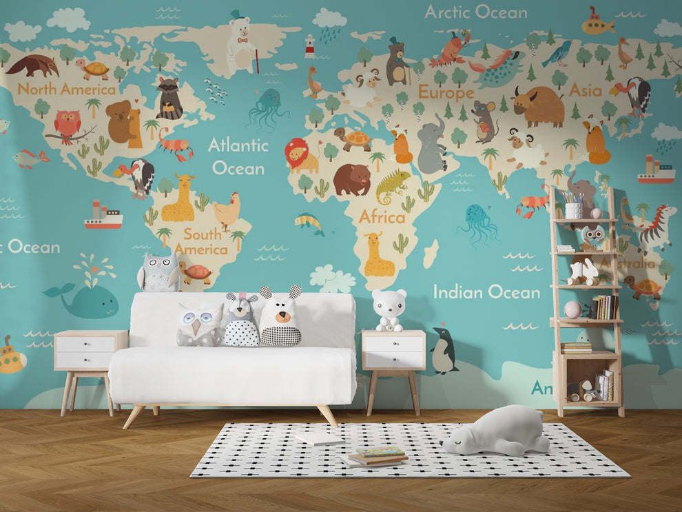 Kids Room Animal World Map Wallpaper Mural | Shop Australia