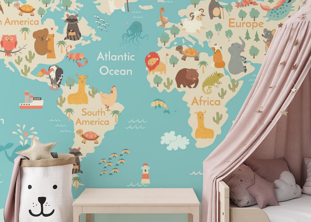 Kids Room Animal World Map Wallpaper Mural | Shop Australia