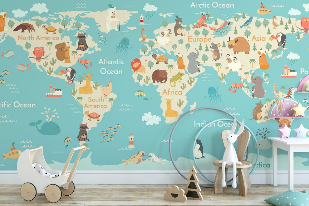 Kids Room Animal World Map Wallpaper Mural | Shop Australia