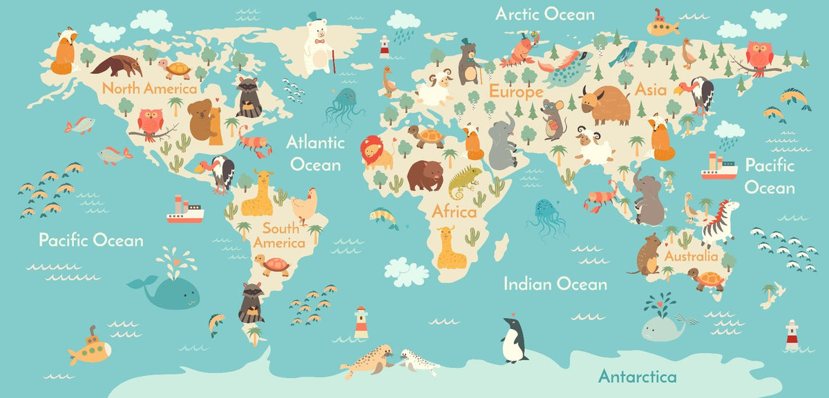 Kids Room Animal World Map Wallpaper Mural in your room — zoomed