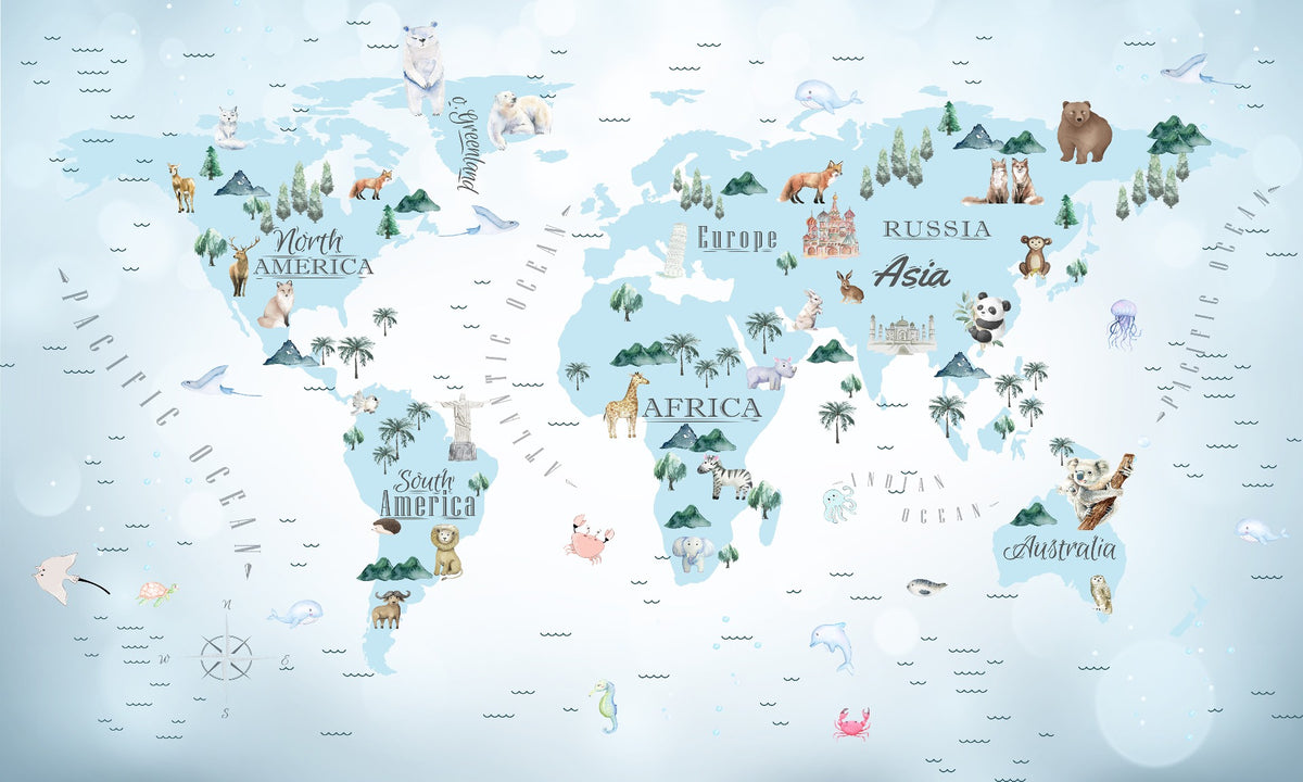 Blue Kids Room World Map Wallpaper Murals