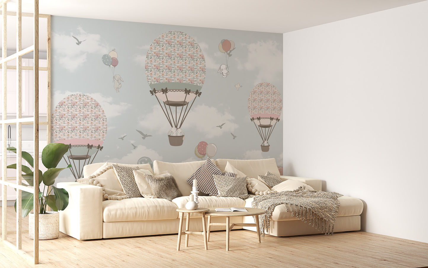 Animated Animals Sky wallpaper mural styled along a hallway feature wall near a console in pink tones