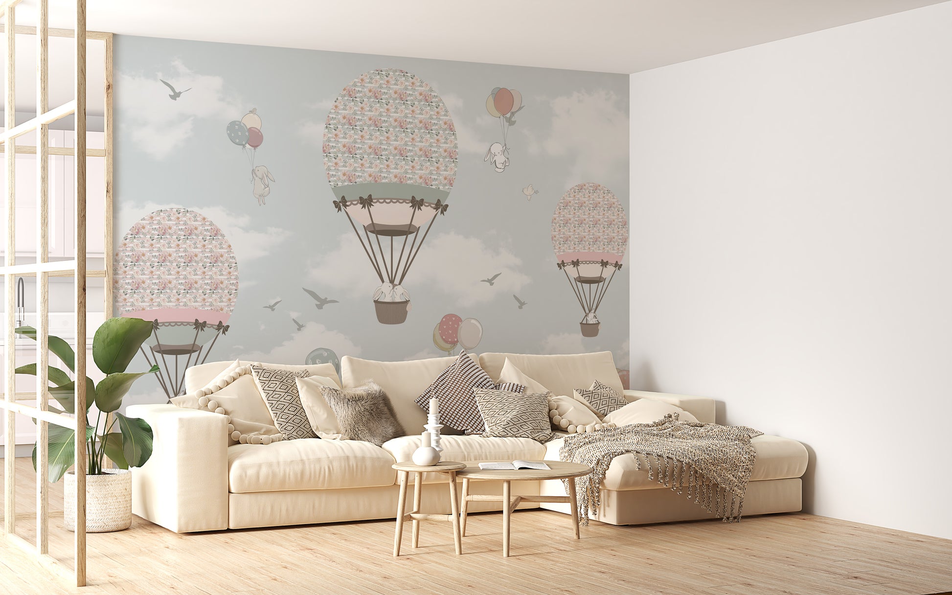 Animated Animals Sky wallpaper mural styled along a hallway feature wall near a console in pink tones