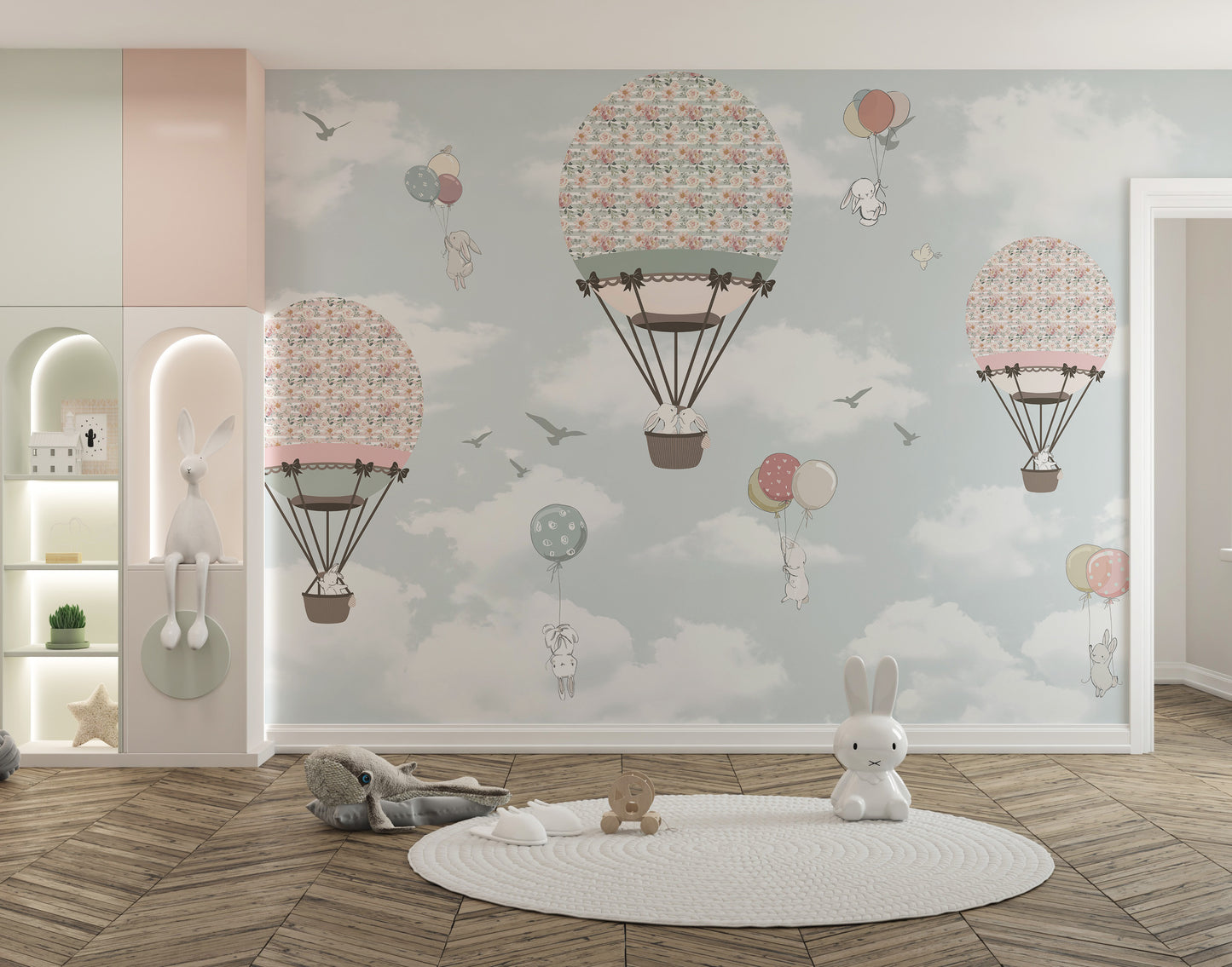 Animated Animals Sky wallpaper mural as a feature wall in a home office workspace in pink tones