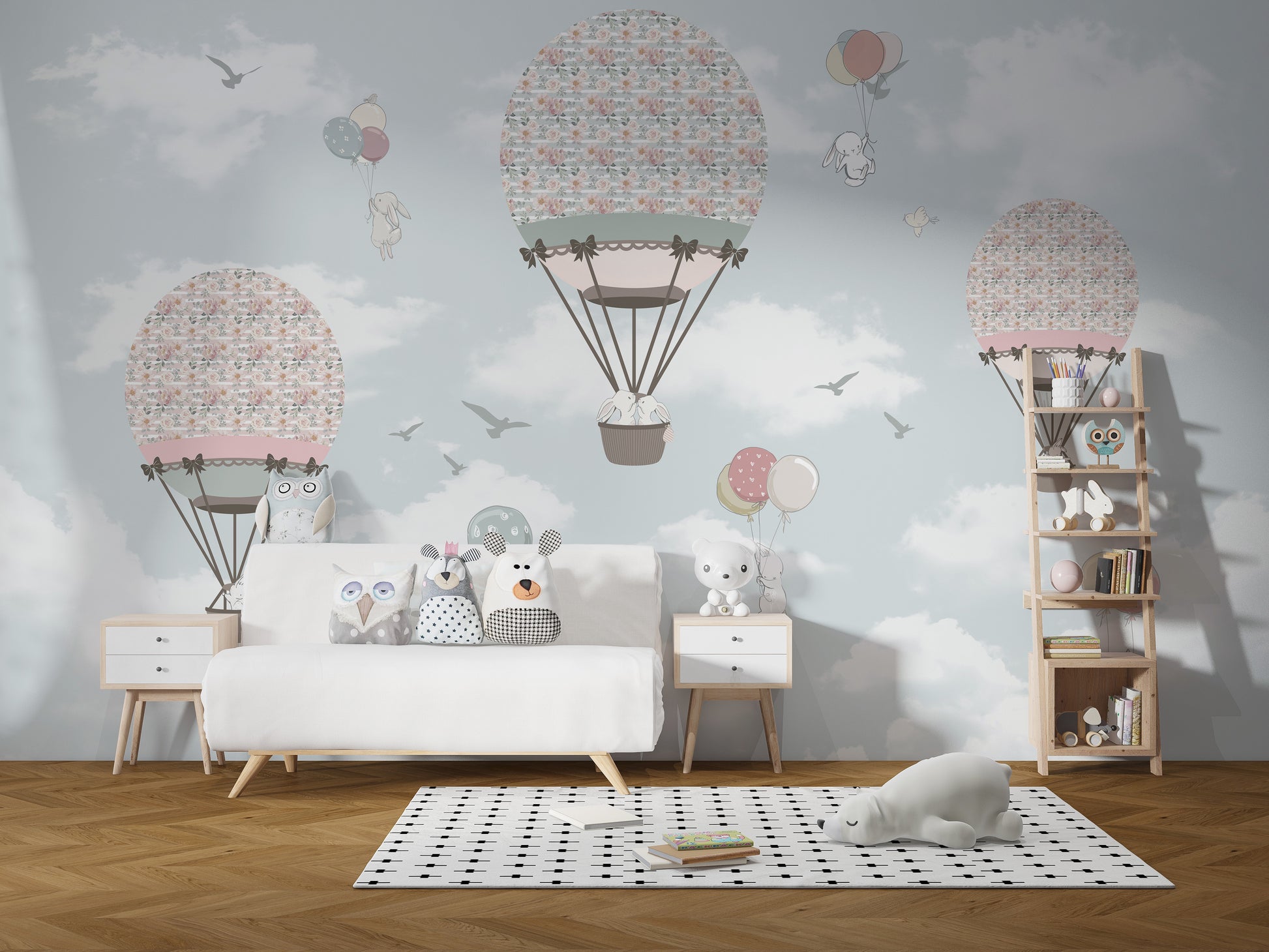 Animated Animals Sky wallpaper mural styled as a feature wall behind a dining table and chairs in pink tones