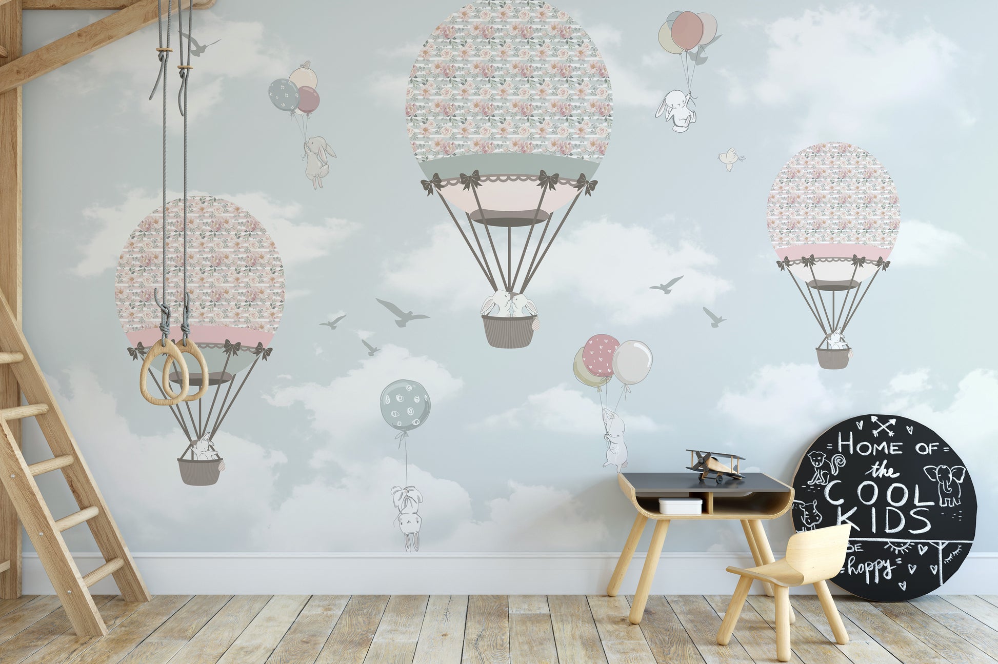 Animated Animals Sky wallpaper mural as a bedroom feature wall behind the headboard in pink tones