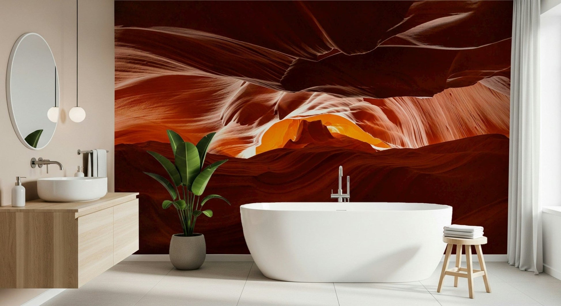 Contemporary hallway decor featuring a wildlife art mural and indoor plants.