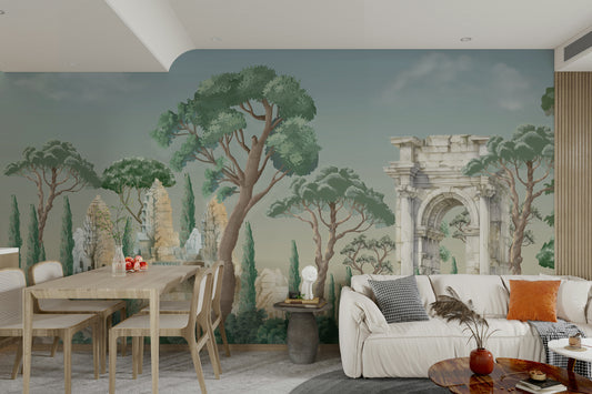 Antique Arch & Temple wallpaper mural of sage ruins and pine trees behind a white sofa and wooden dining table