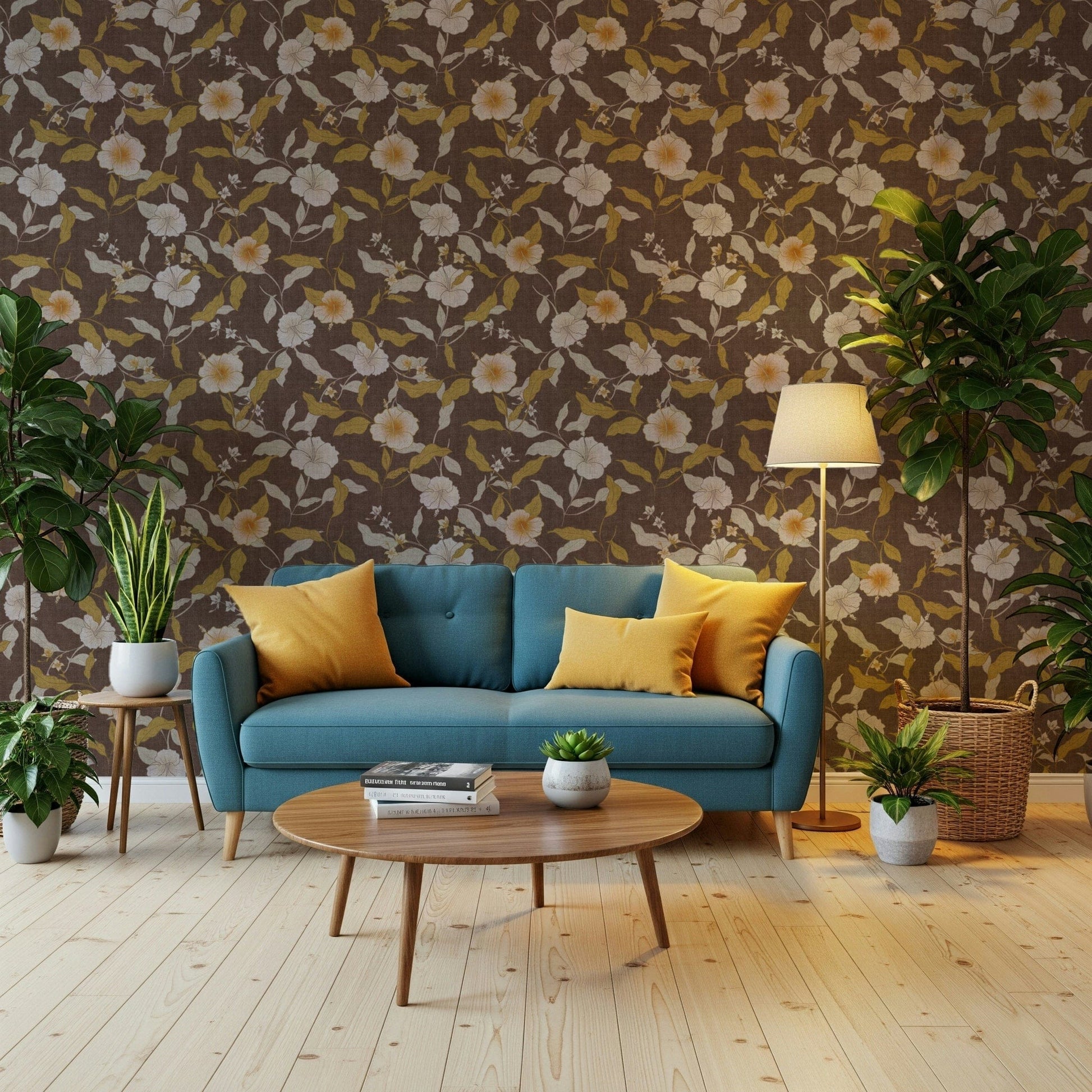 Antique look, faded colors, botanical leaves, unique wallpaper for walls piece.