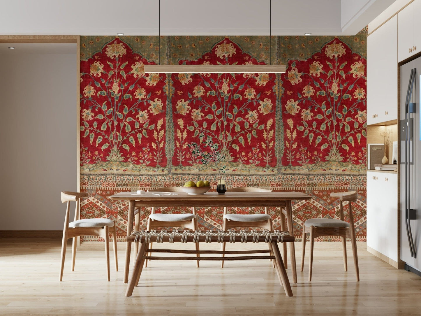 Sophisticated wall decor in a home office featuring a faded tapestry design.