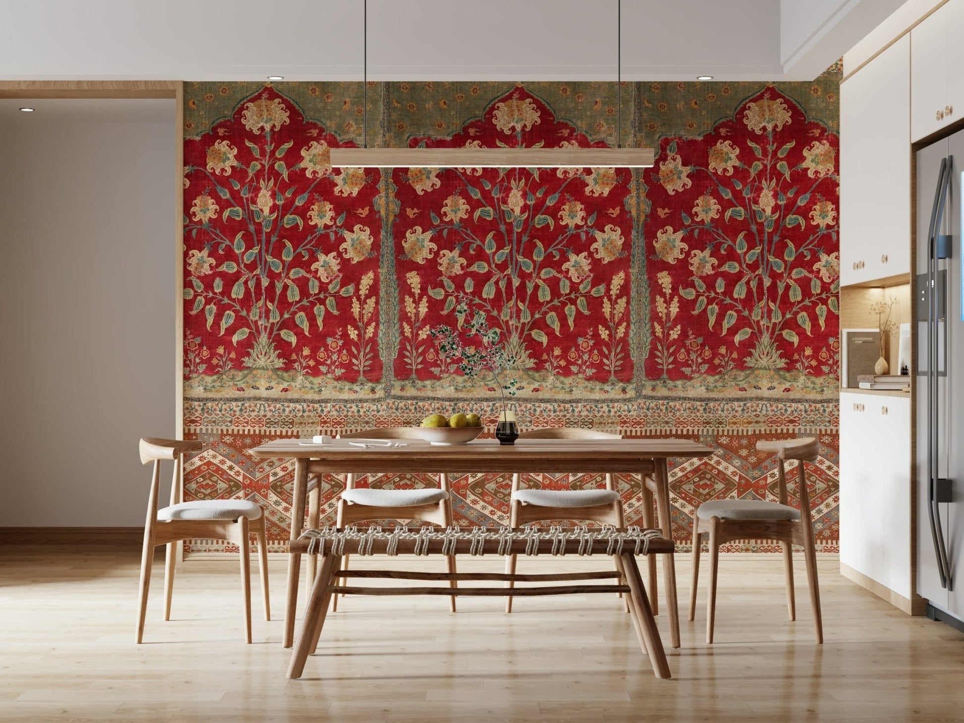 Sophisticated wall decor in a home office featuring a faded tapestry design.