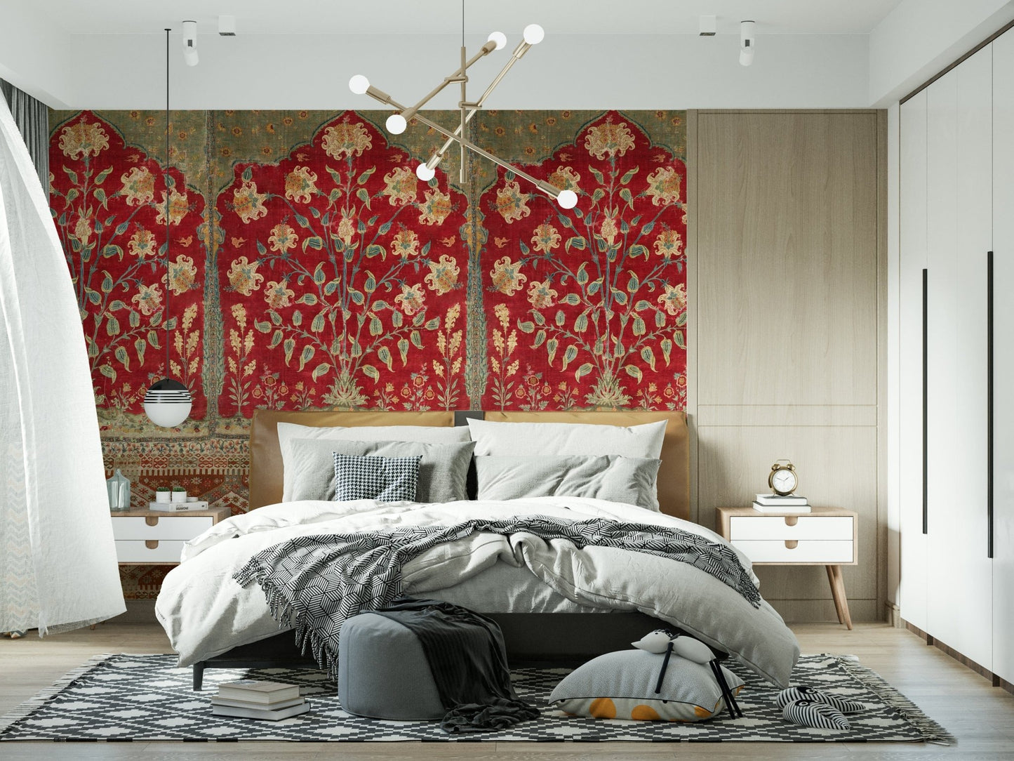 Warm-toned floral tapestry art for a cozy guest room feature wall.