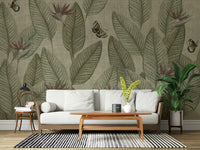 Muted banana leaves design of Jungle Life Antique mural product.