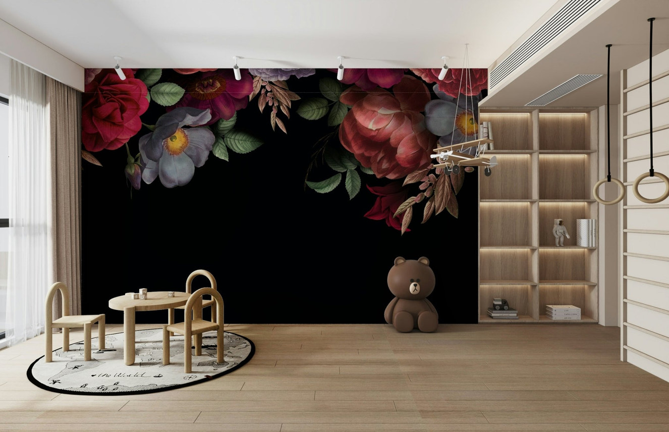 A wall mural of a floral botanical pattern.

