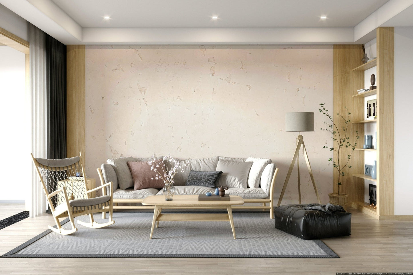 Nature-inspired mural with weathered wall textures in soft earthy tones