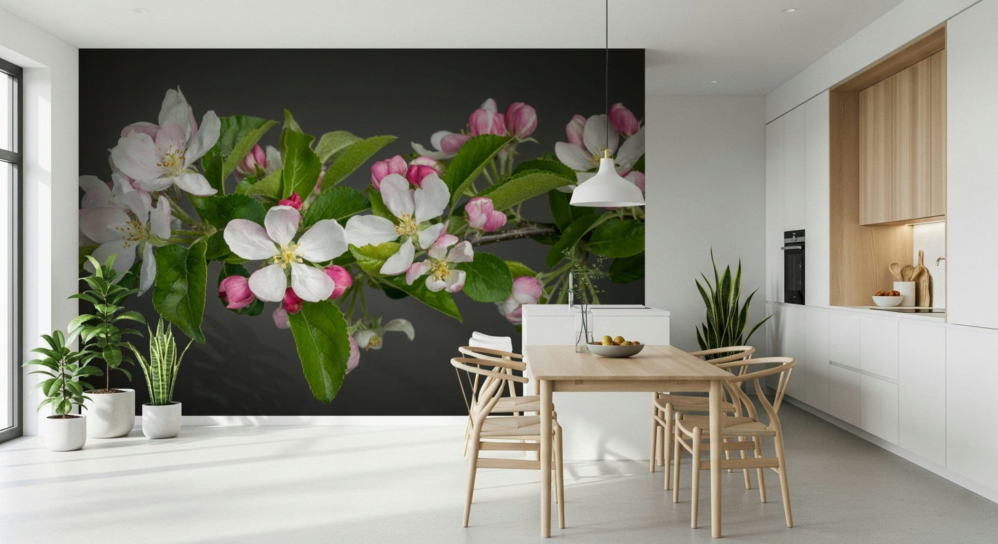 Apple Blossom Charm design: blooming white flowers and green foliage.