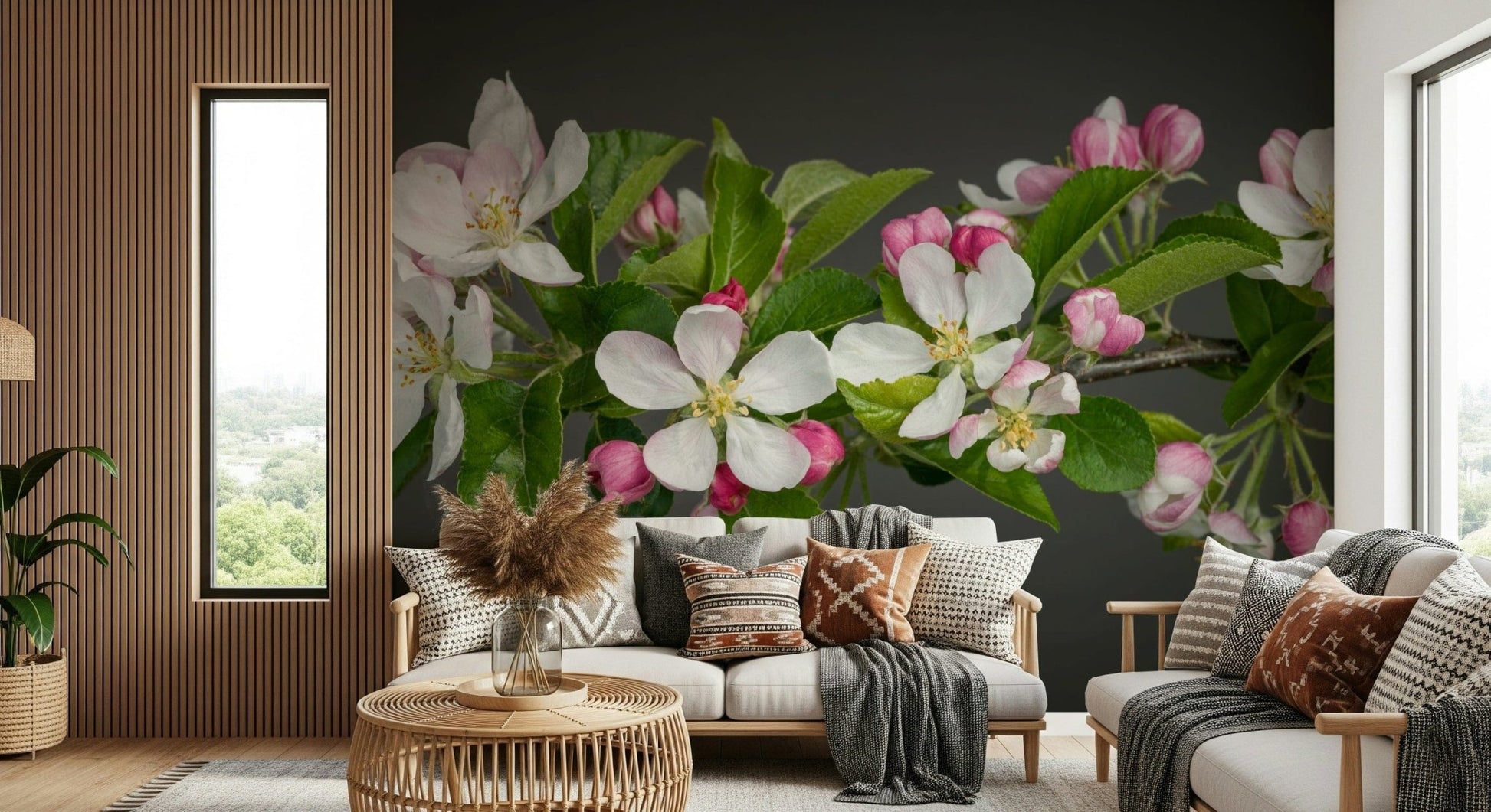 Vibrant Apple Blossom Charm on dark ground, captivating blossom print.