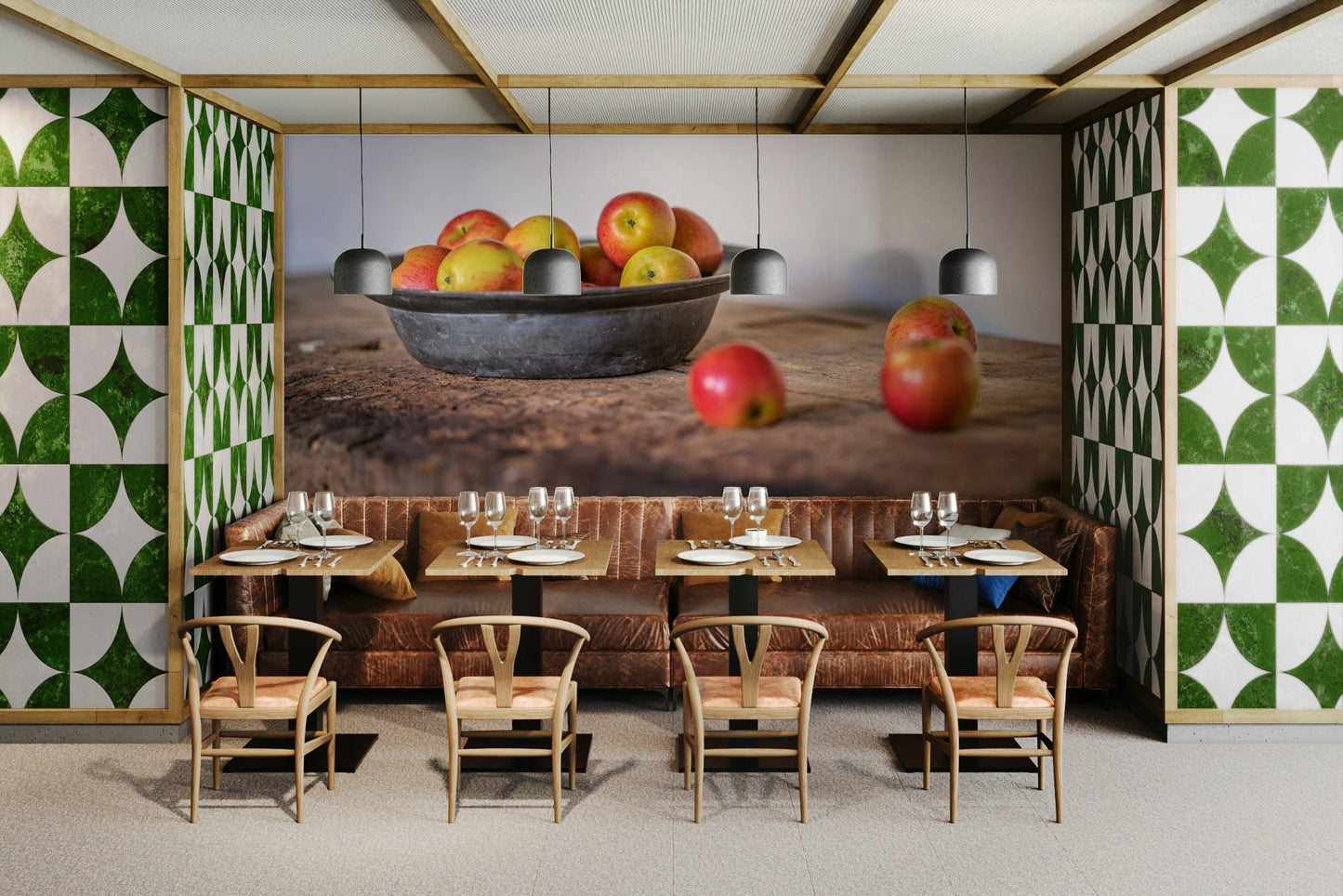 Nature-inspired wall mural with apples and rustic charm

