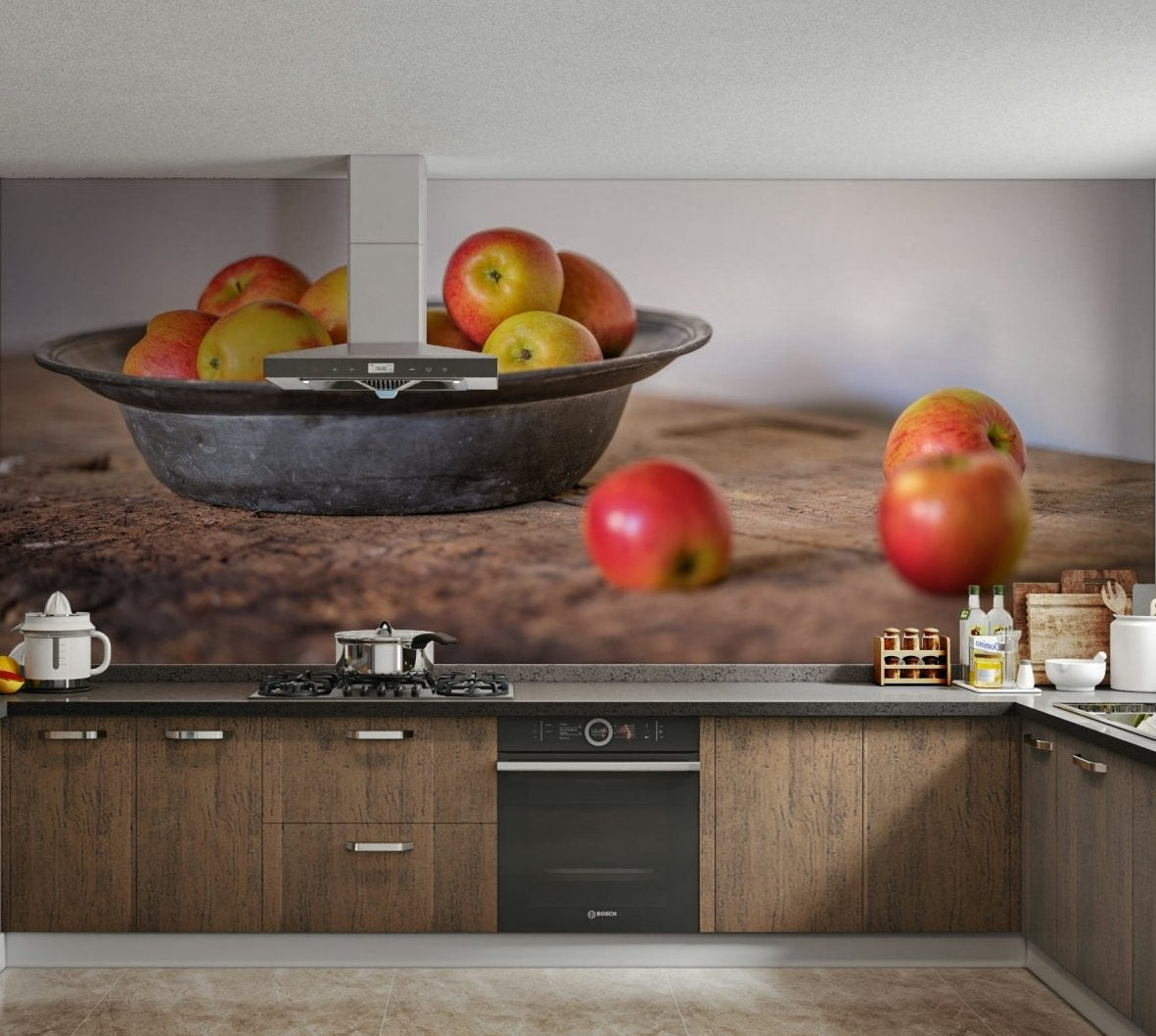 Charming apple wallpaper design for dining or kitchen areas

