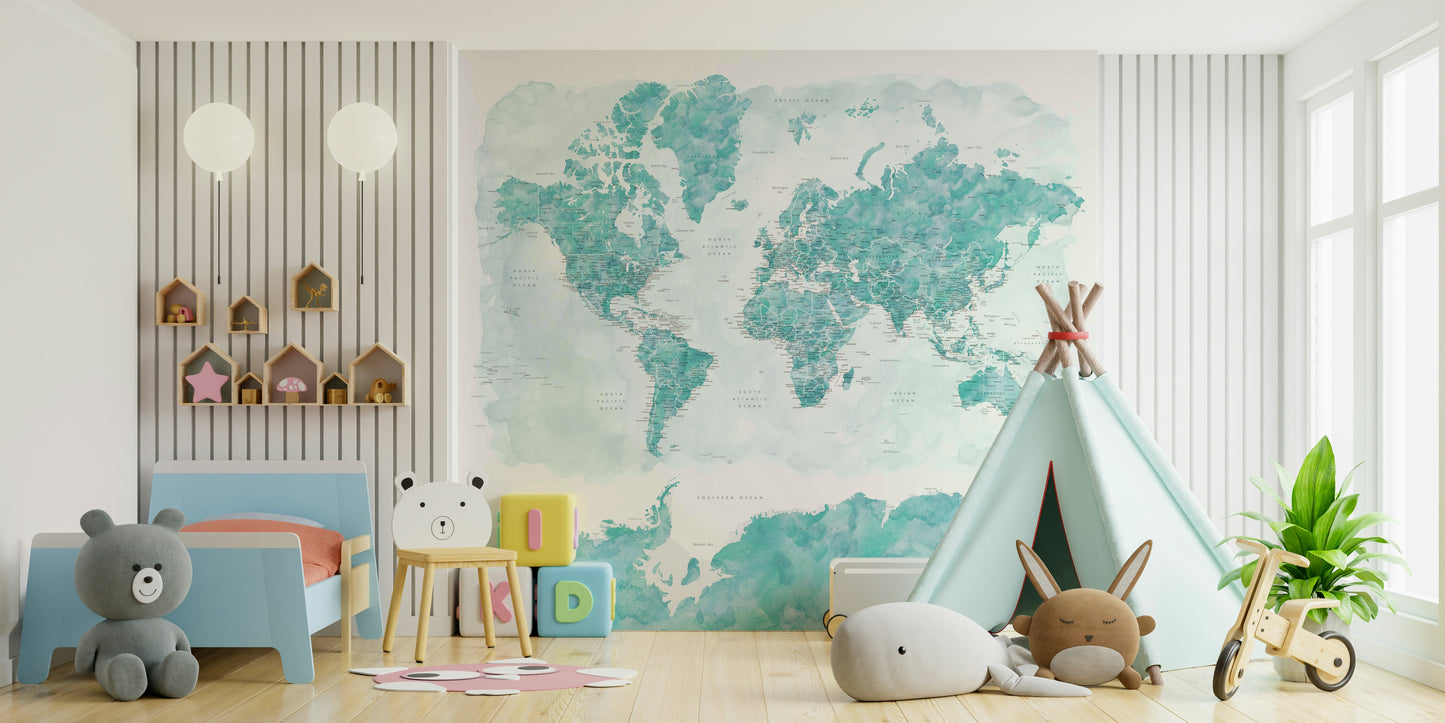 World map wallpaper in soft aqua blue hues


