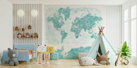 World map wallpaper in soft aqua blue hues

