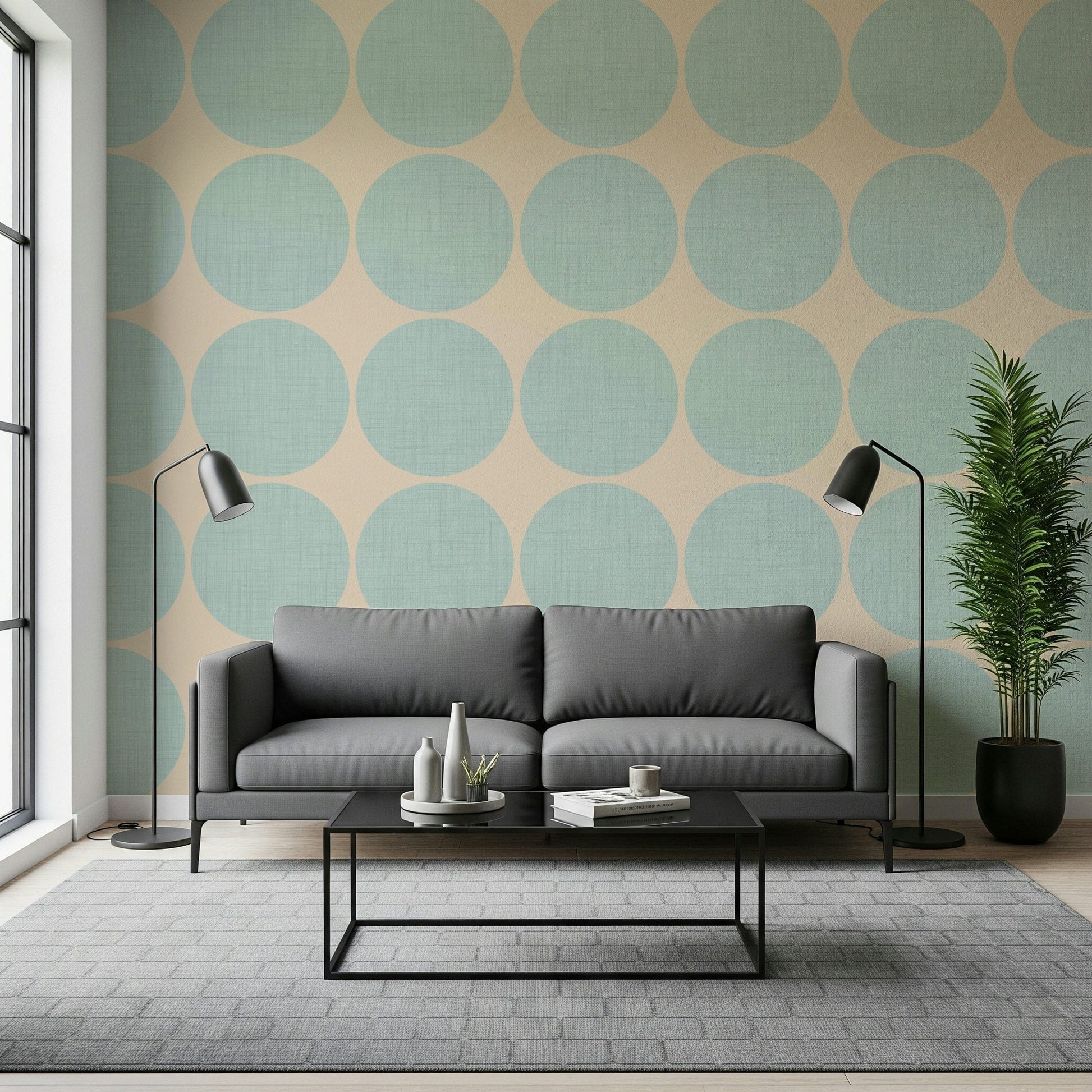 Contemporary wallpaper showcasing bold aqua circles spaced evenly for a fresh, graphic look