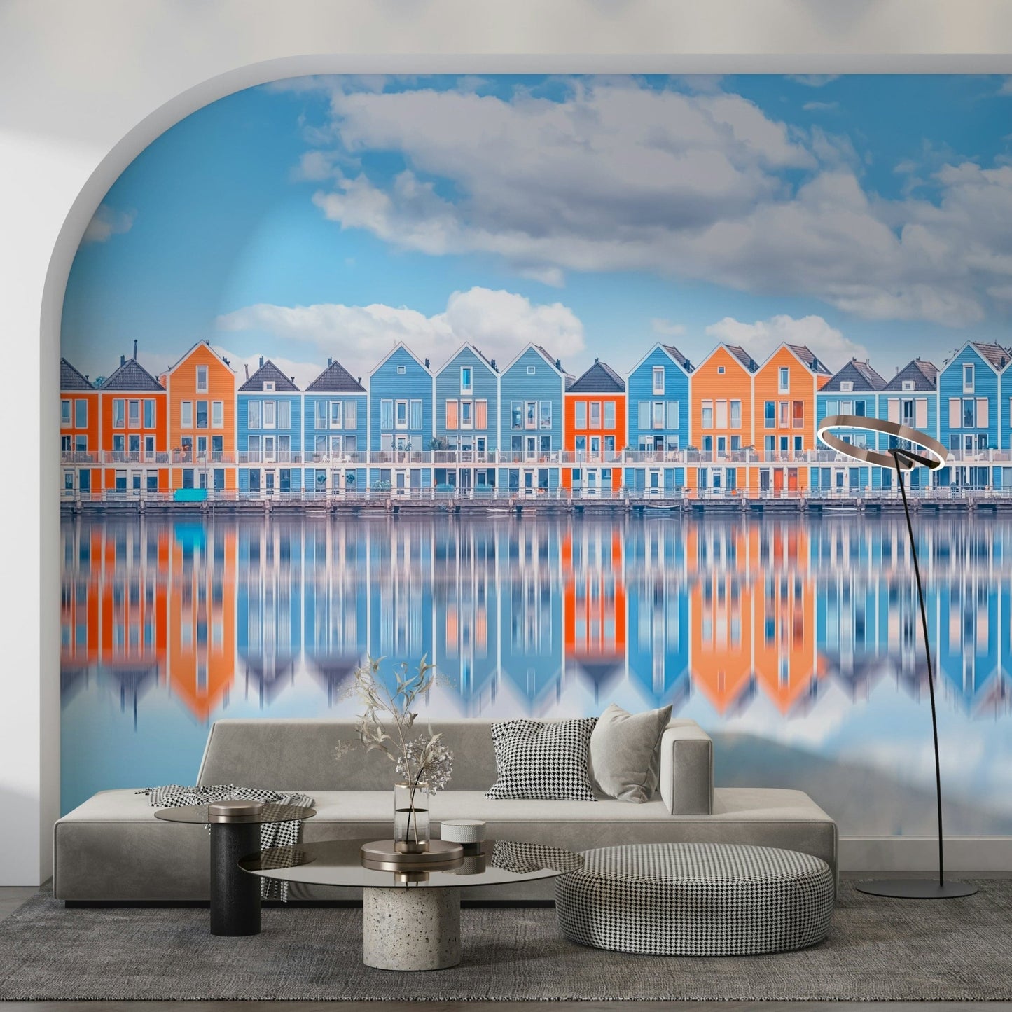 Aqua cottage row wall mural featuring calm coastal village view