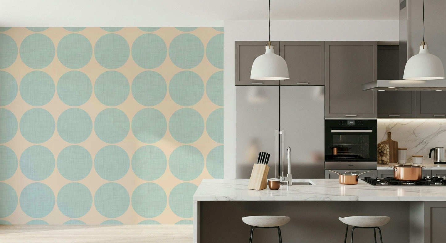 Repeating pattern of textured aqua round shapes on a warm neutral backdrop
