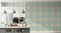 Aqua dot swirl wallpaper featuring large aqua circles with a subtle woven texture on a beige background