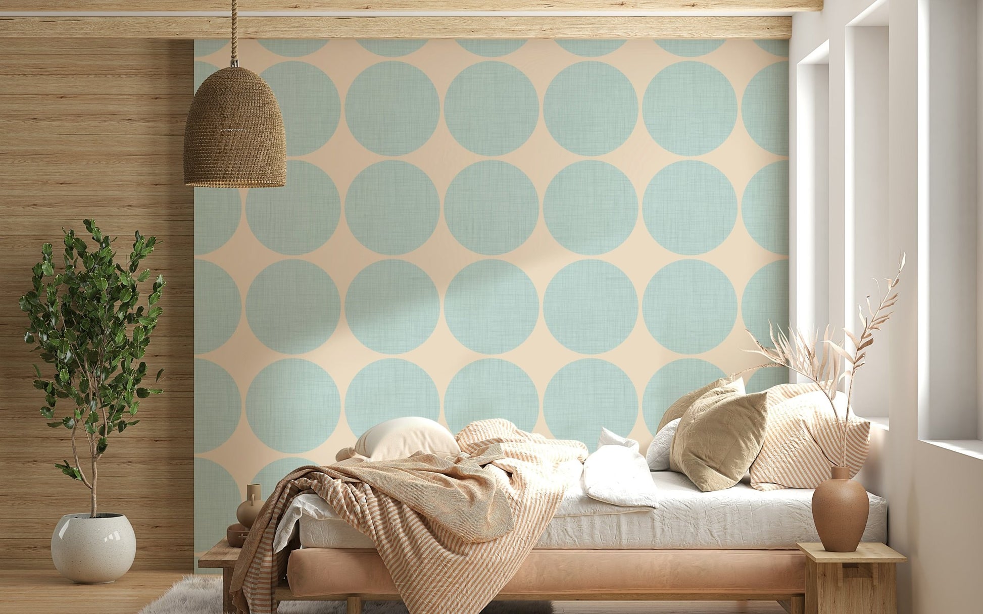 Modern geometric wallpaper with oversized aqua dots arranged in a clean repeating grid