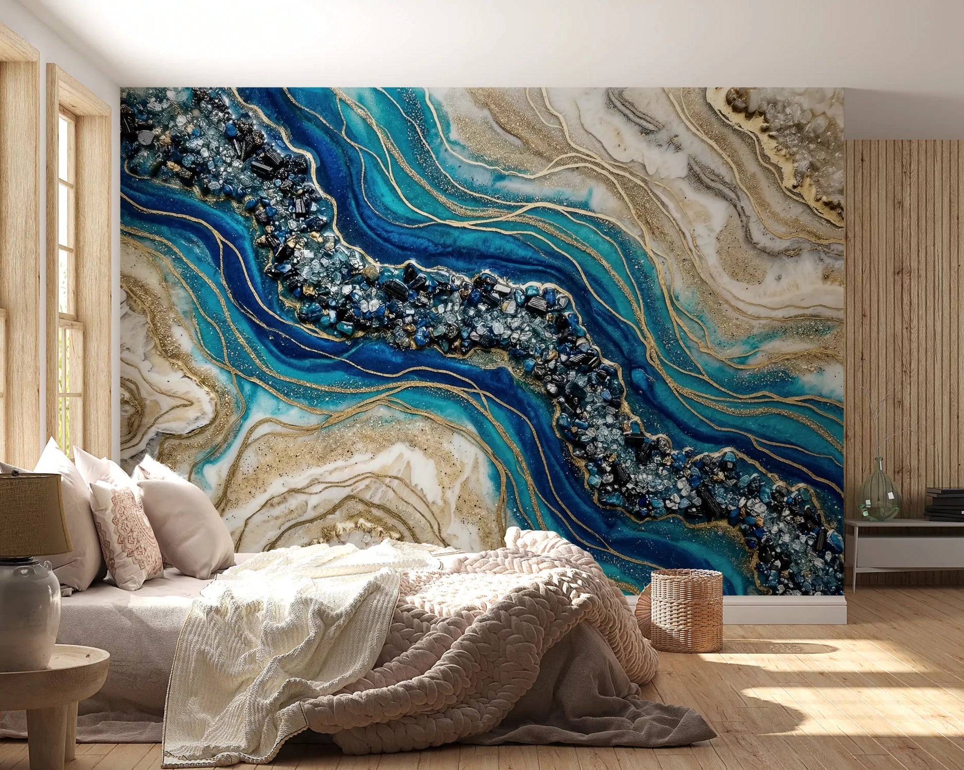 Luxury marble wall mural with aqua flow and gold veins