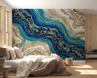 Luxury marble wall mural with aqua flow and gold veins