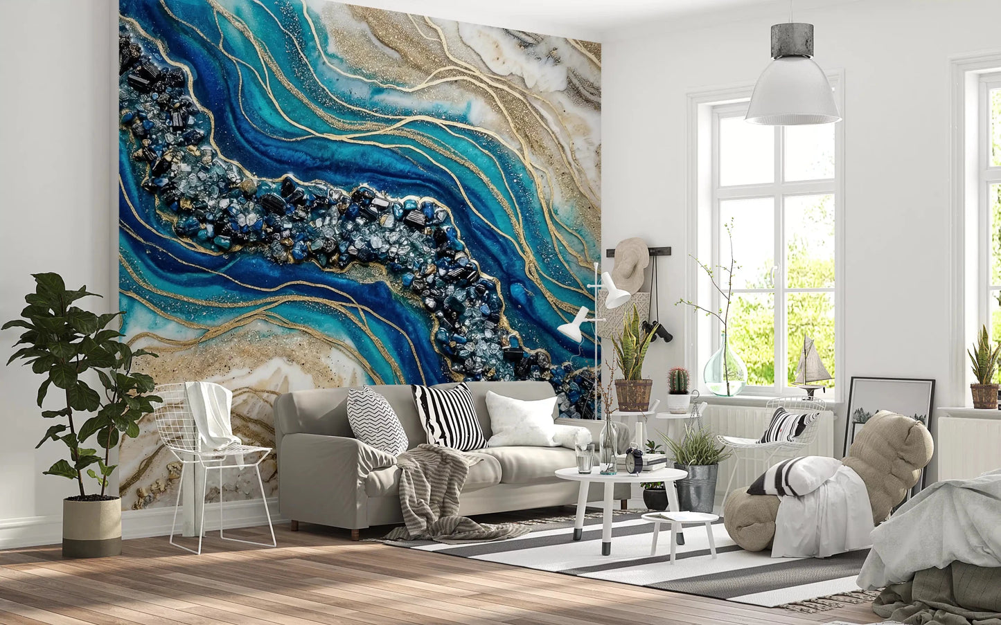 Living room aqua gold geode wall mural with blue marble flow