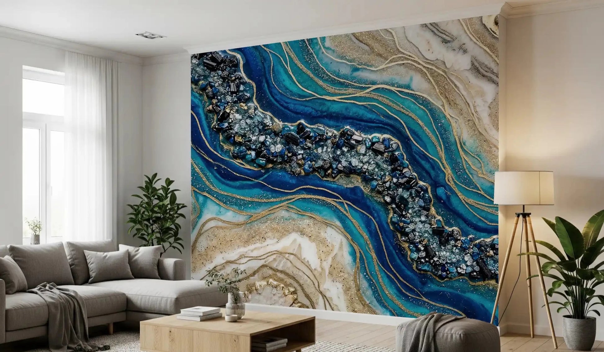 Geode pattern wall mural with blue layers and gold accents