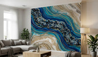 Geode pattern wall mural with blue layers and gold accents