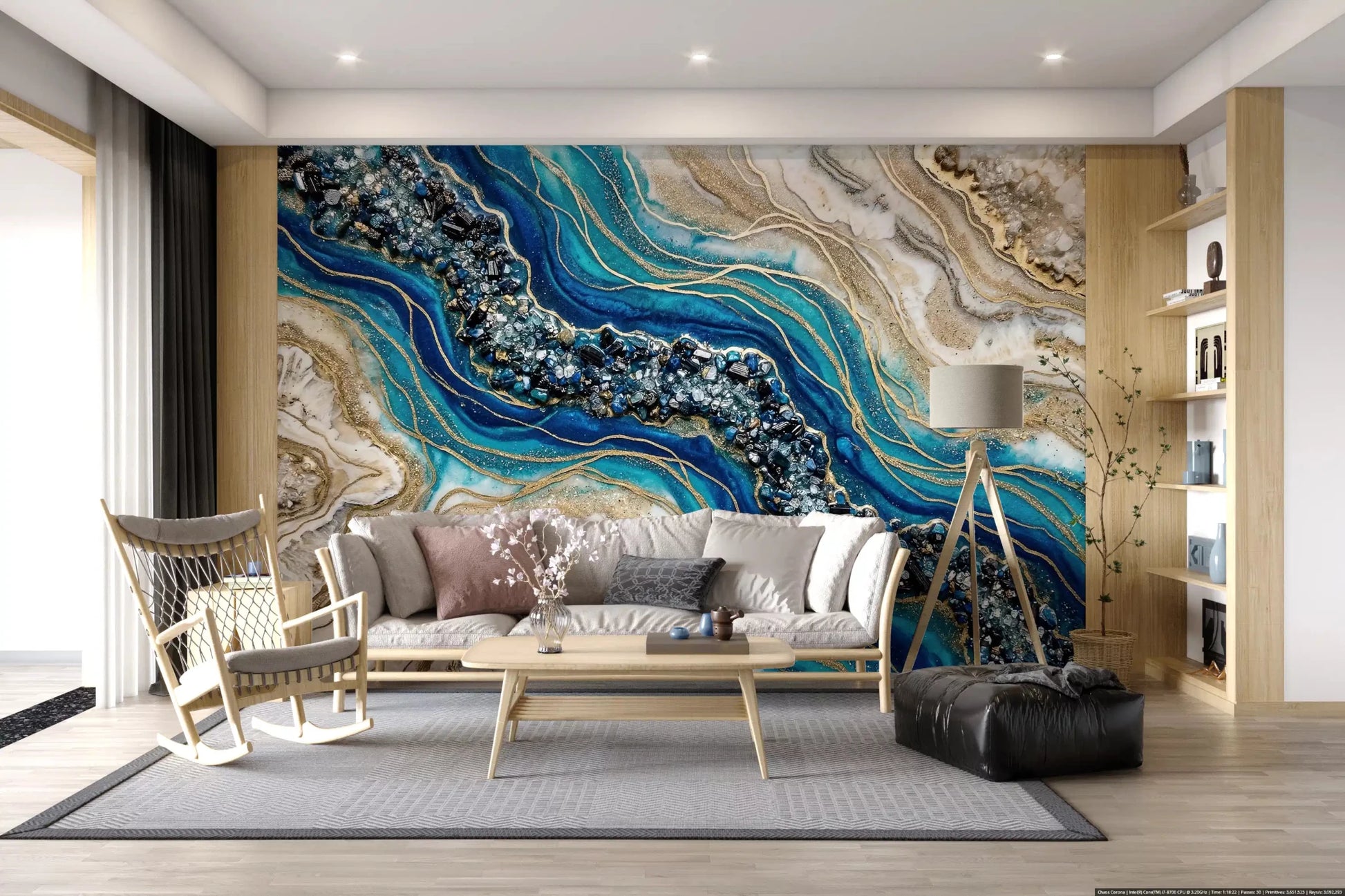 Blue geode wall mural with crystal texture and gold lines