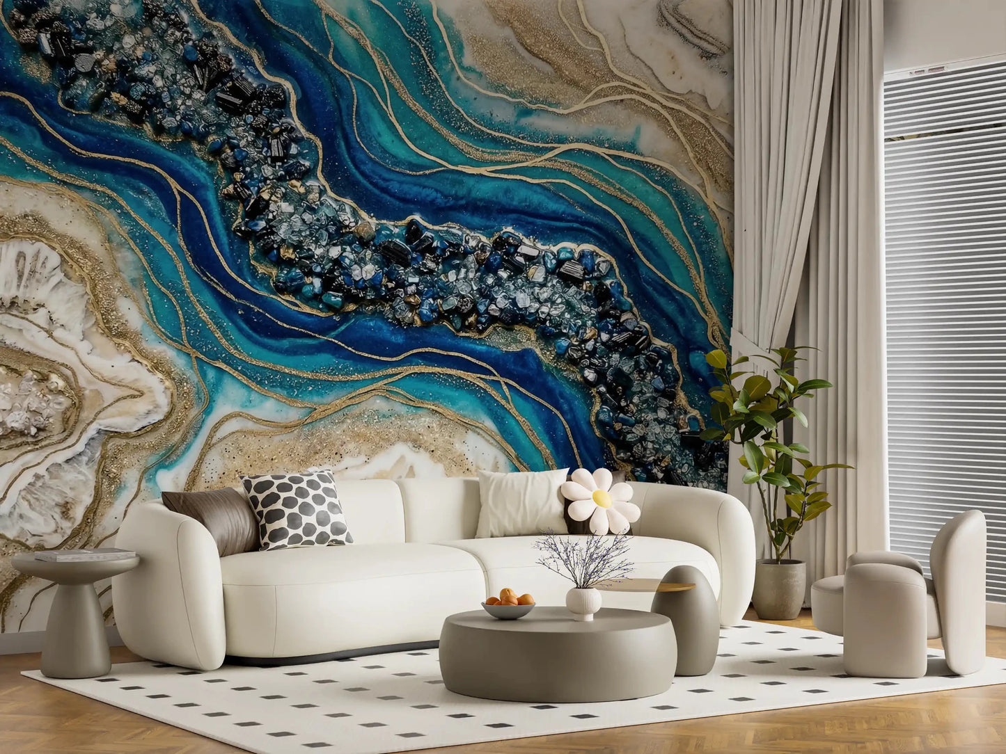 Abstract marble wall mural with aqua tones and gold veins