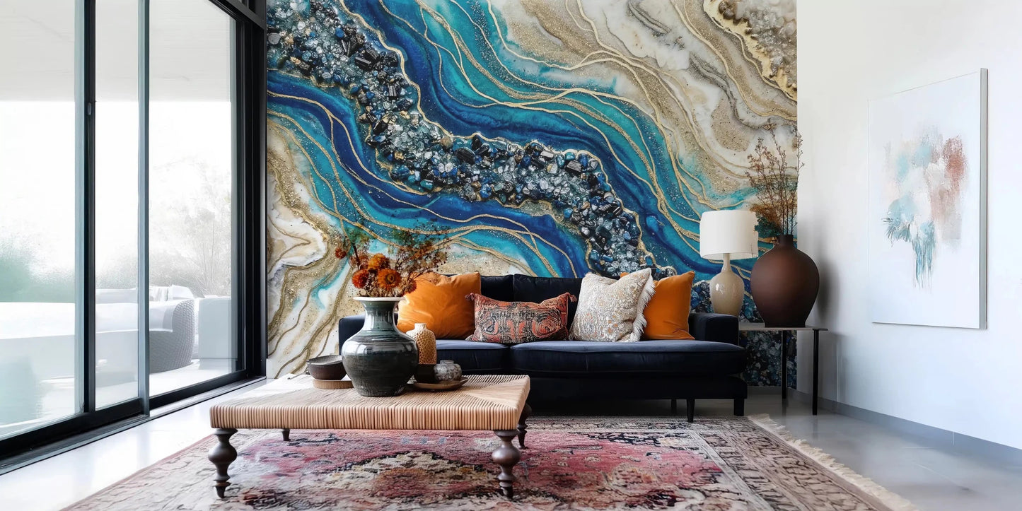 Hallway aqua marble wall mural with blue and gold layers