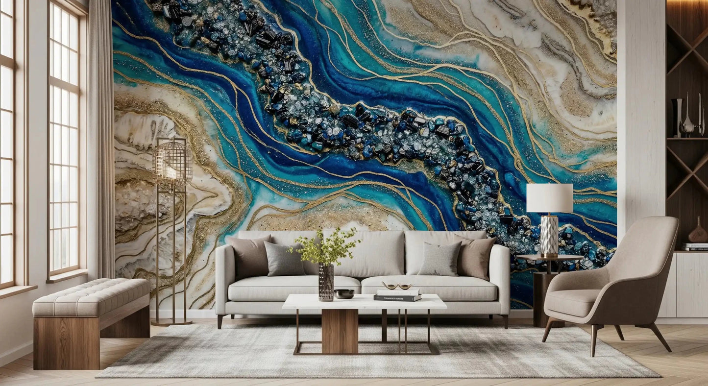 Aqua Gold Geode Flow wall mural with blue resin pattern