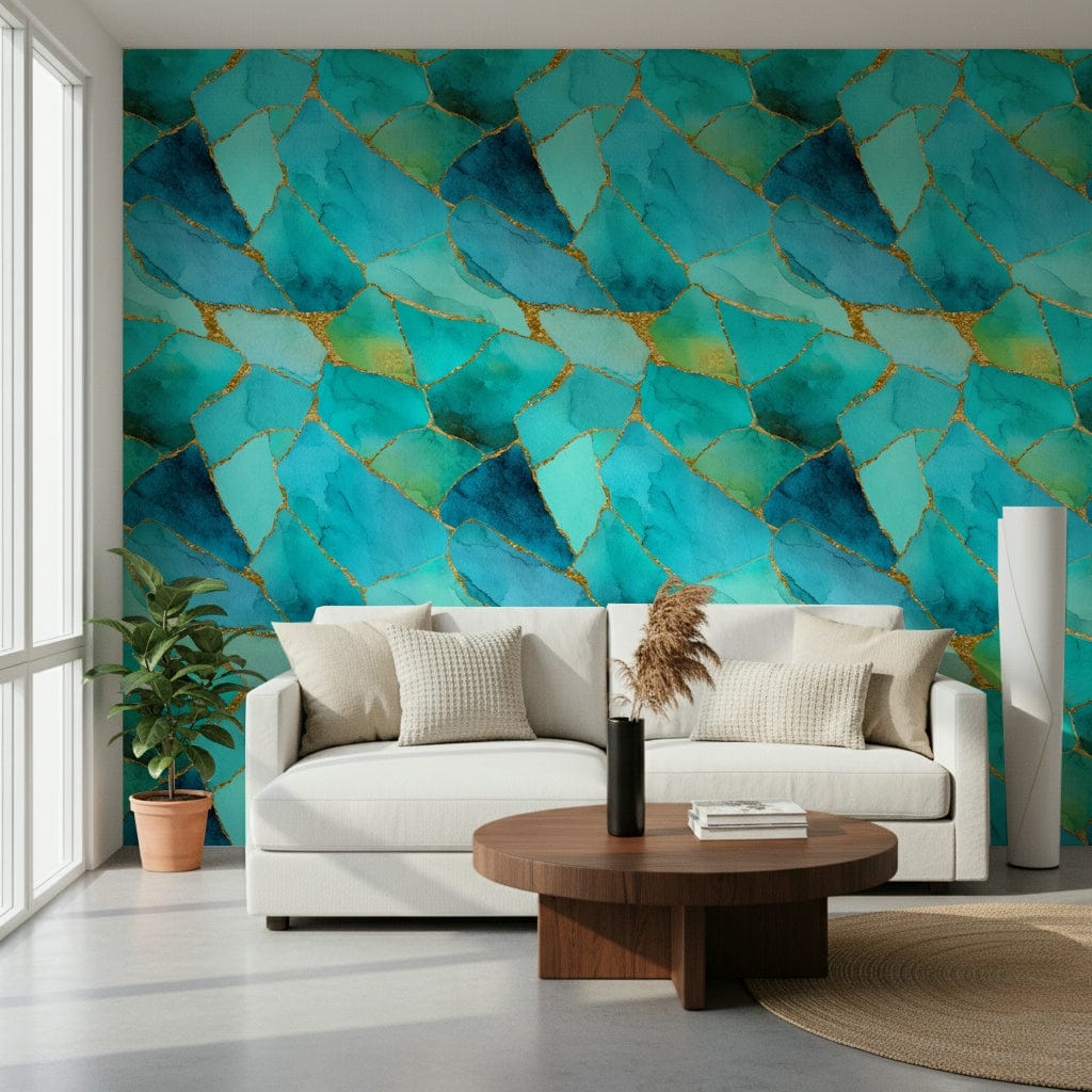 Nature-inspired wall covering of aqua marble tiles with golden accents