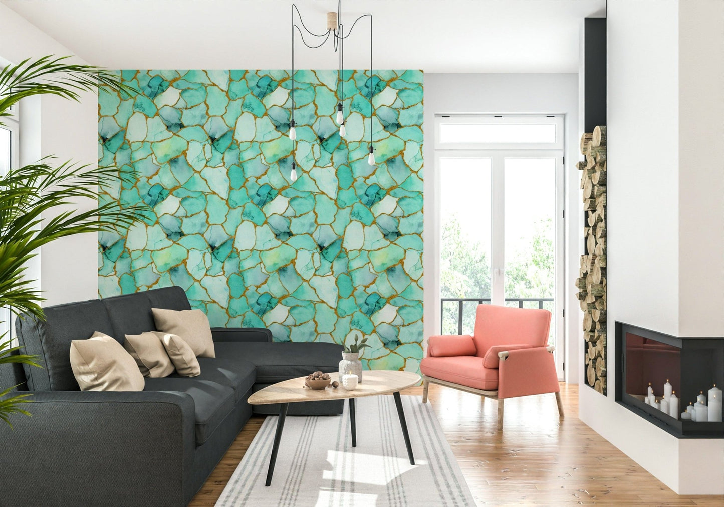 Vibrant wall mural featuring aqua marble with subtle gold highlights