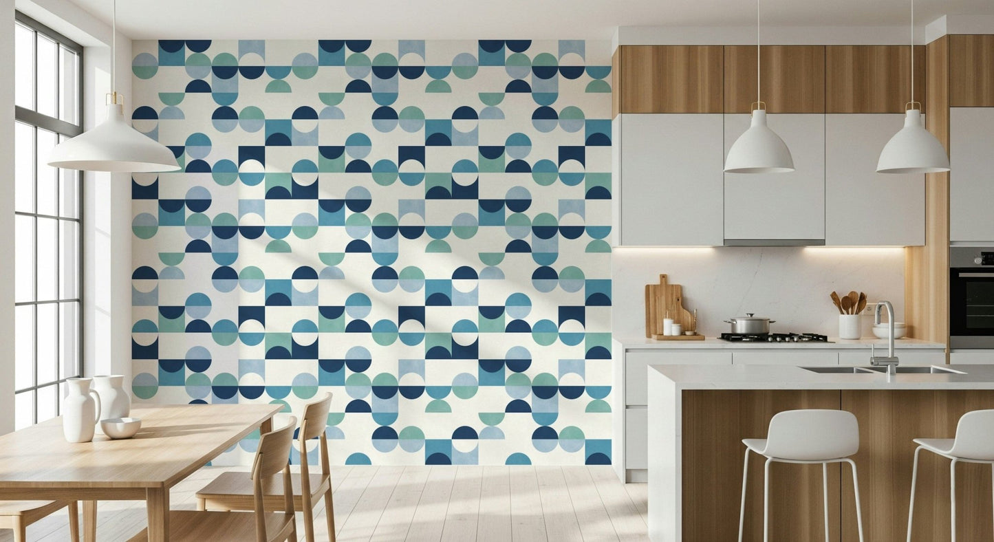 Artistic geometric wallpaper for walls, Aqua Harmony, calming shapes.