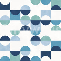 Navy and cerulean squares, Aqua Harmony wall mural, crisp lines.