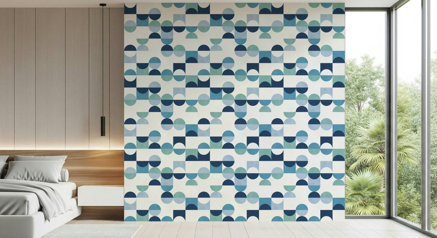 Retro blocks and circles, Aqua Harmony, decorative home wallpaper.