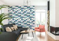 Aqua Harmony wall mural, balanced composition, mint and navy.
