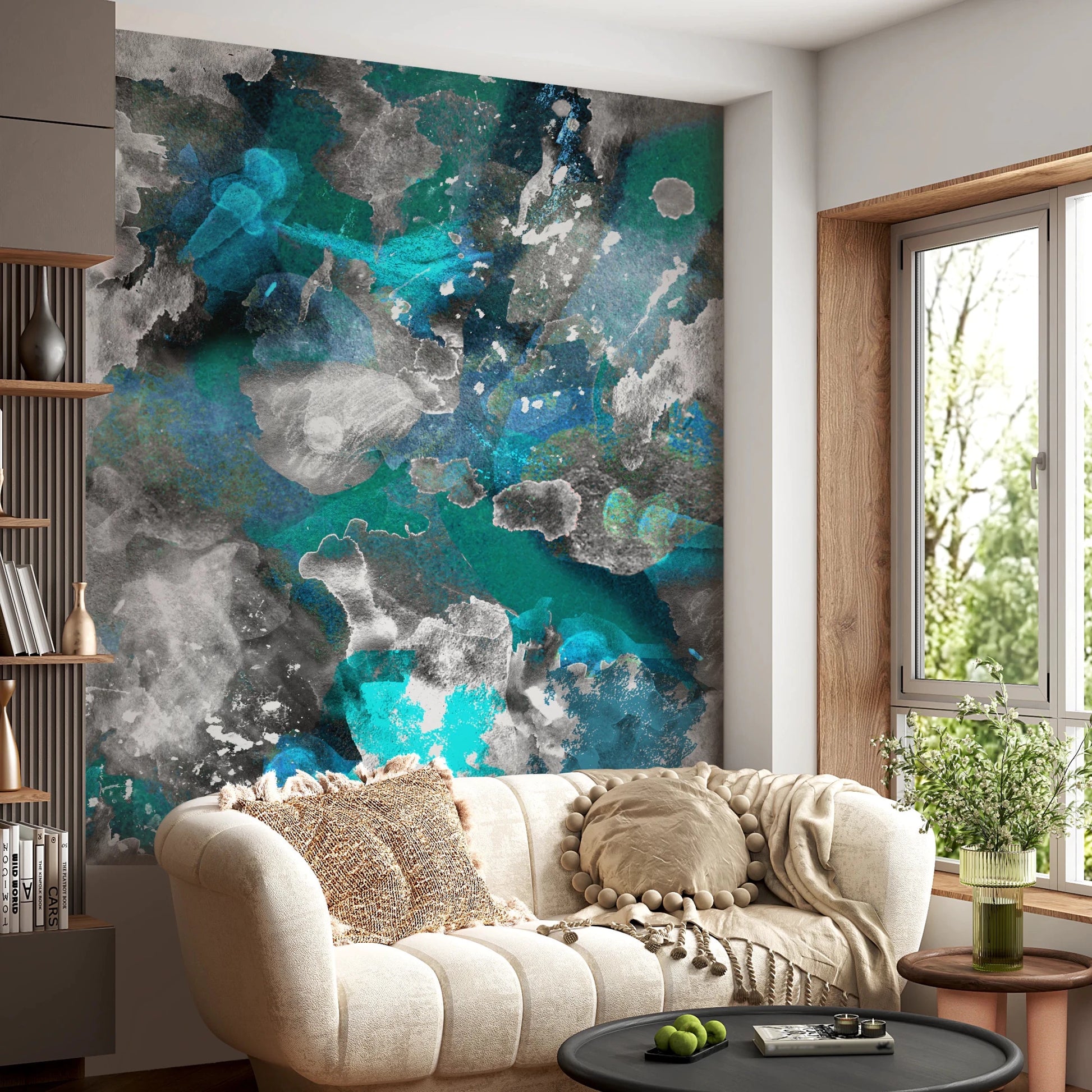 Modern Aqua Mundi wall mural featuring oceanic watercolor for living room 